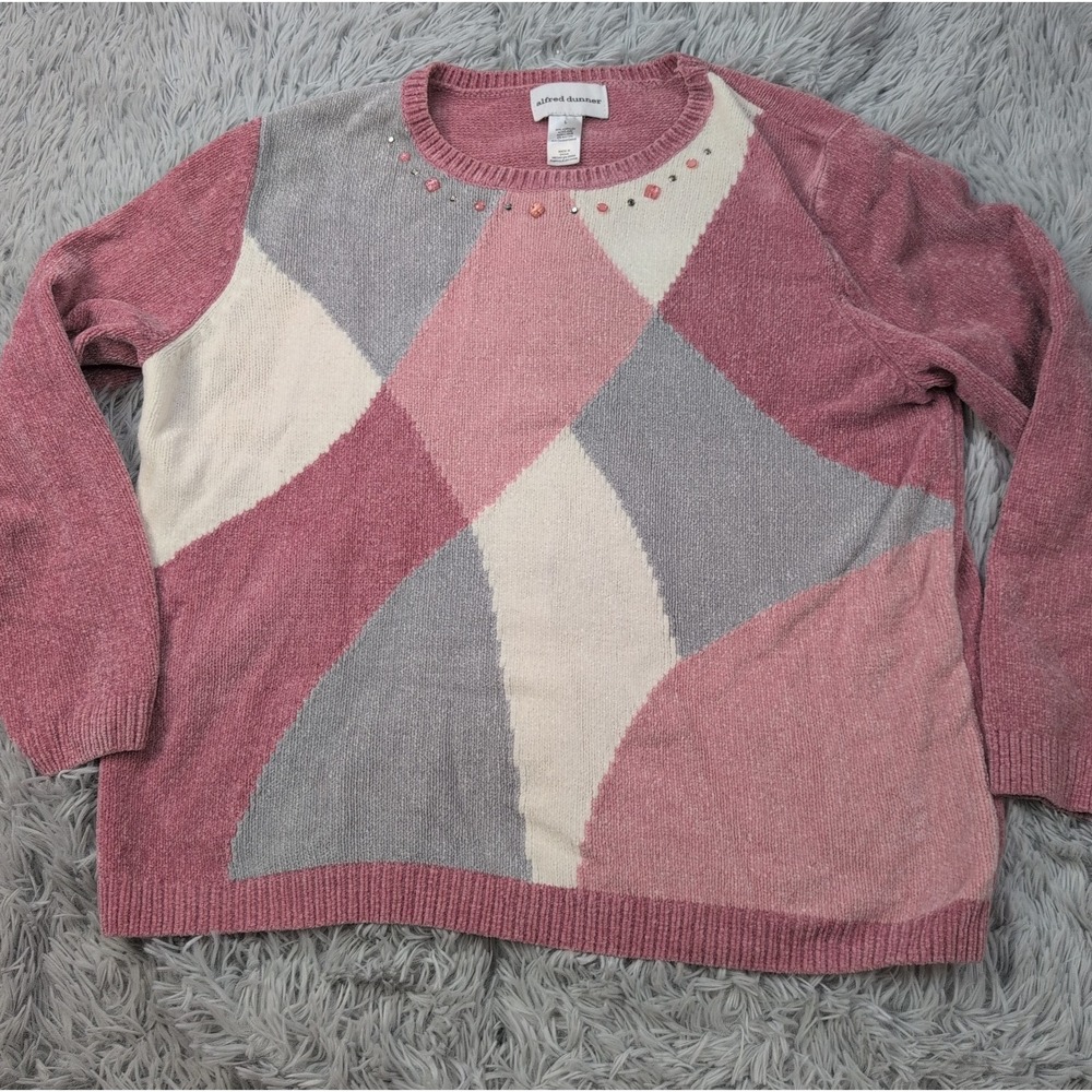 Alfred Dunner Sweater Womens L Pink Beaded Sparkly Soft Comfort Preppy